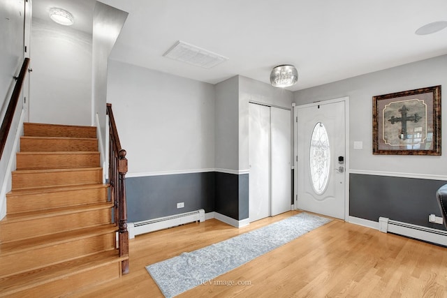 entrance foyer with hardwood / wood-style flooring and a baseboard heating unit