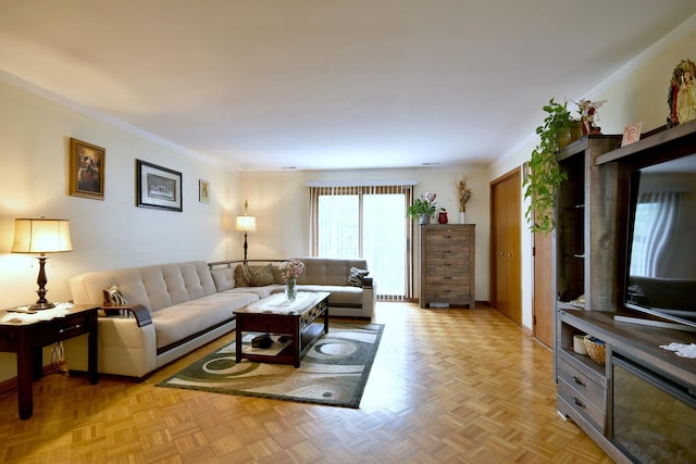 living room featuring light parquet floors