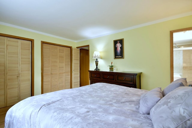 bedroom with ornamental molding, connected bathroom, and two closets