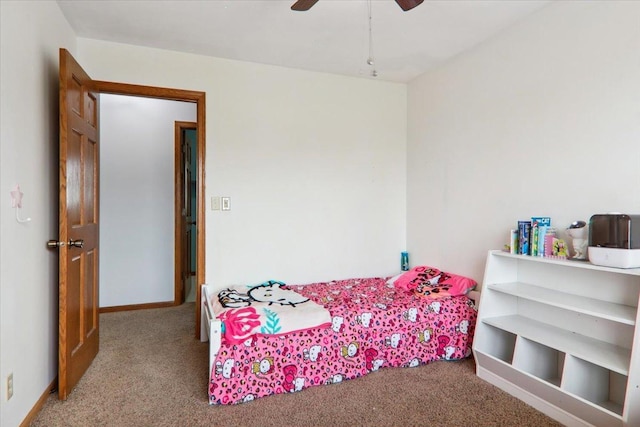 bedroom featuring ceiling fan and light colored carpet