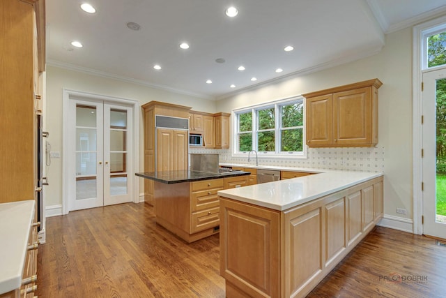 kitchen featuring ornamental molding, stainless steel appliances, french doors, and kitchen peninsula