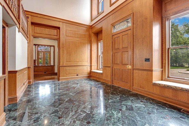 foyer featuring a high ceiling, wooden walls, and a wealth of natural light