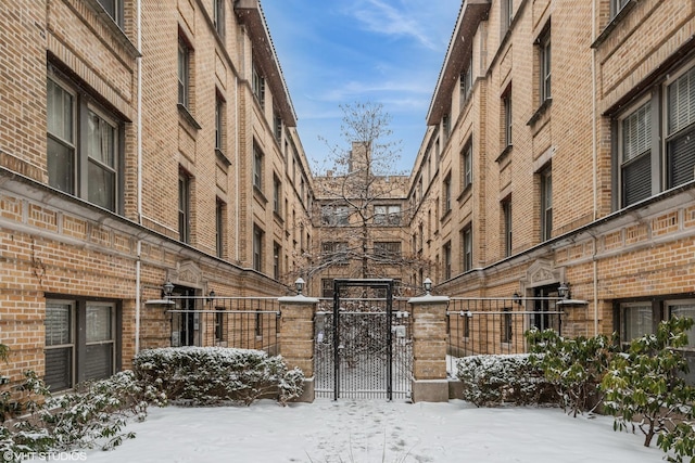 view of snow covered property