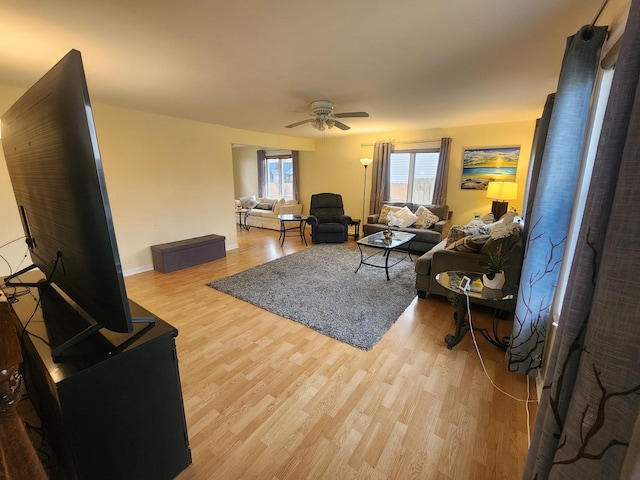 living room with ceiling fan and light wood-type flooring