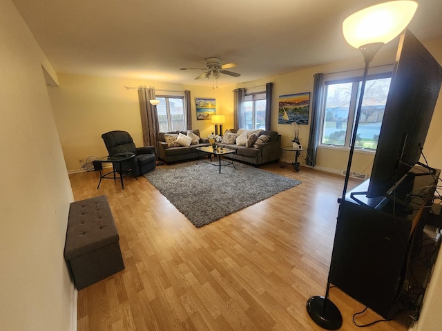 living room with plenty of natural light, light hardwood / wood-style floors, and ceiling fan