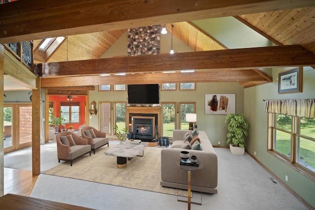 living room featuring beam ceiling, french doors, visible vents, high vaulted ceiling, and baseboards