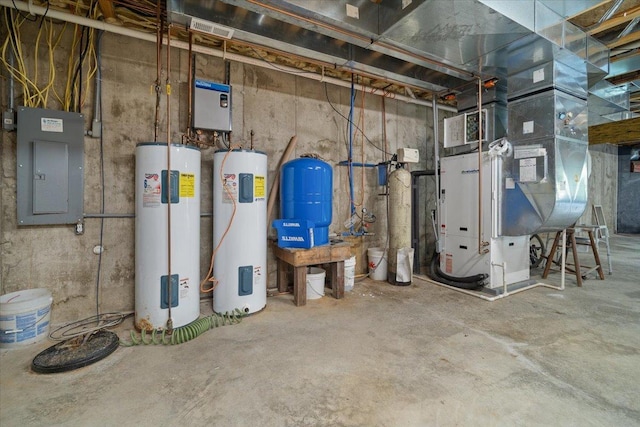 utility room with water heater, electric panel, and electric water heater