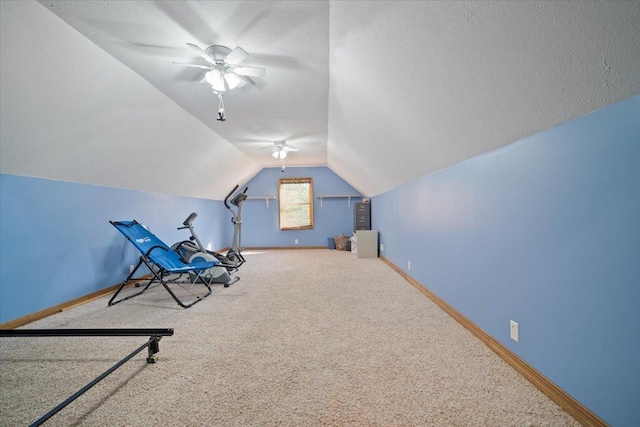 interior space featuring lofted ceiling, a textured ceiling, carpet, and baseboards