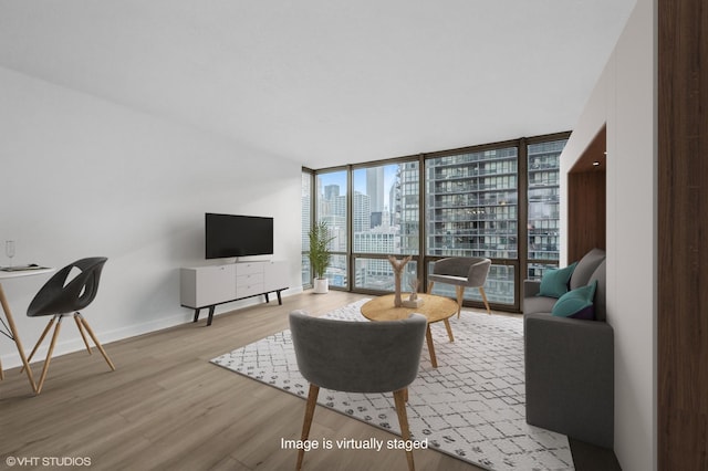 living room featuring a wall of windows and light hardwood / wood-style flooring