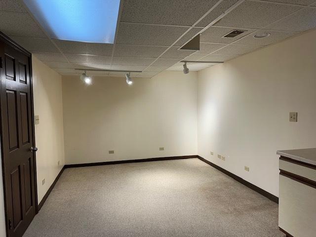 basement featuring light colored carpet and a drop ceiling