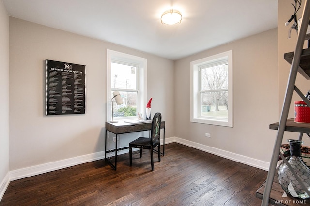 home office with dark wood-type flooring and a wealth of natural light