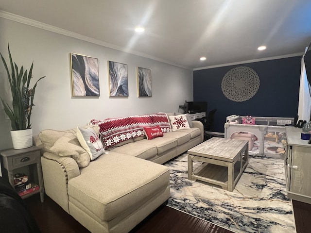 living room with ornamental molding and wood-type flooring