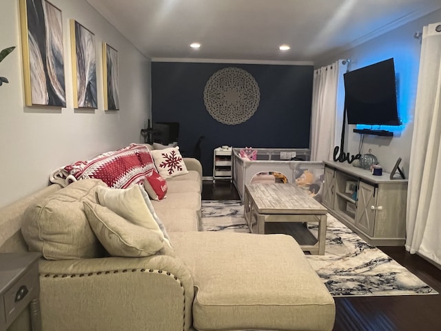 living room featuring crown molding and dark wood-type flooring