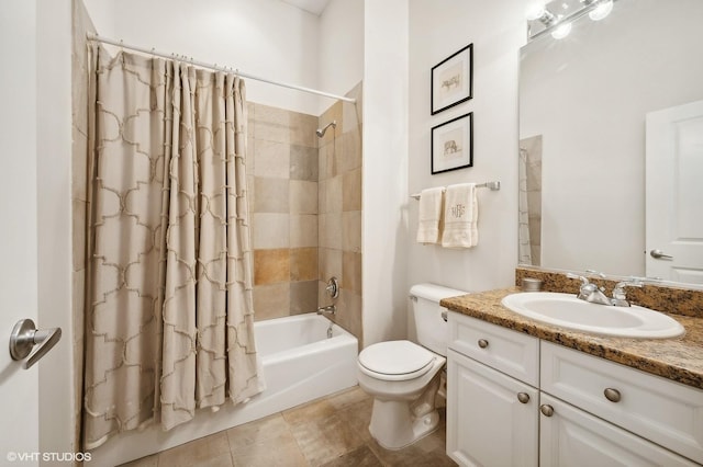 full bathroom with shower / bath combo, vanity, toilet, and tile patterned floors