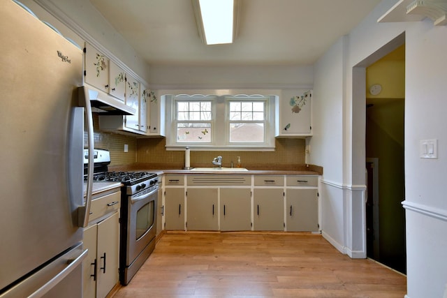 kitchen with sink, decorative backsplash, stainless steel appliances, and light hardwood / wood-style floors