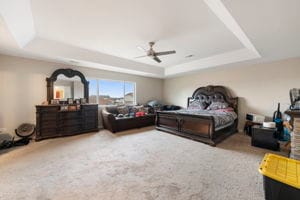 bedroom with carpet and a tray ceiling