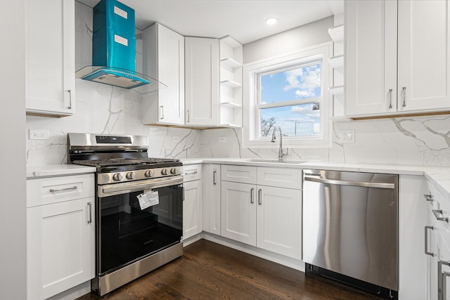 kitchen with white cabinets, sink, wall chimney exhaust hood, dark hardwood / wood-style flooring, and stainless steel appliances