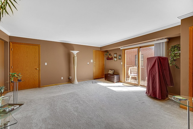 unfurnished living room with light carpet and crown molding