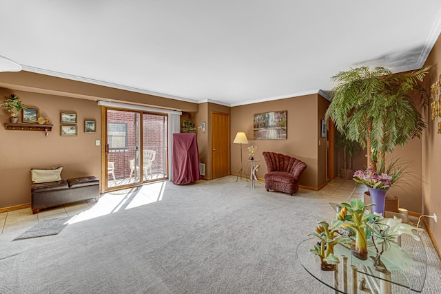 living area with light carpet and ornamental molding