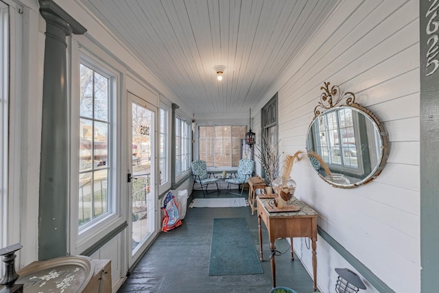 sunroom with wooden ceiling