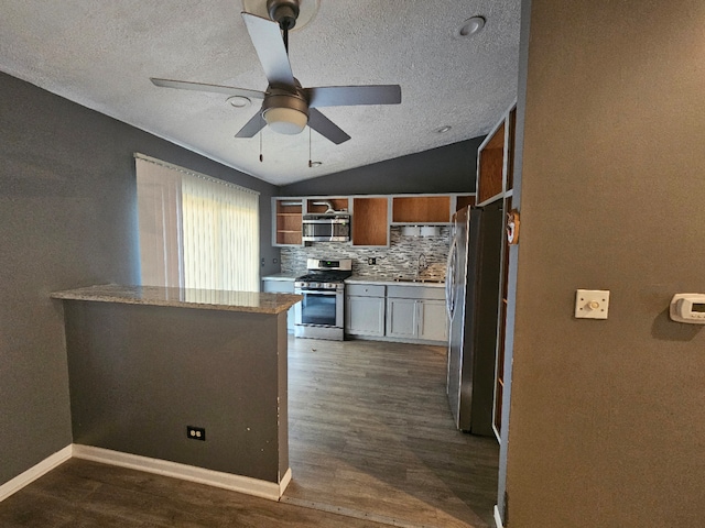 kitchen featuring lofted ceiling, dark hardwood / wood-style floors, ceiling fan, kitchen peninsula, and stainless steel appliances