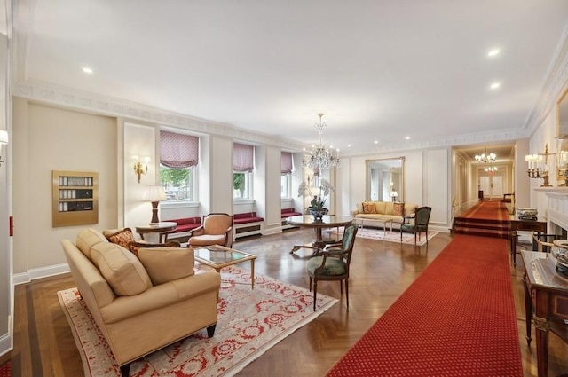 living room featuring crown molding, a notable chandelier, and dark parquet floors