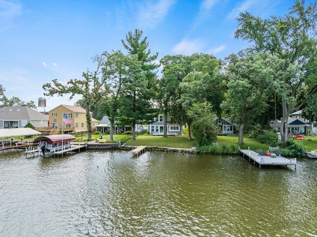 view of water feature with a boat dock