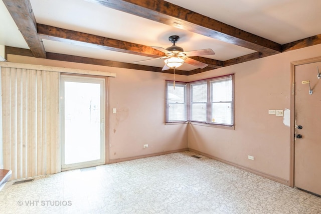 entryway with beamed ceiling and ceiling fan