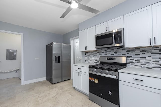 kitchen with electric panel, stainless steel appliances, and white cabinetry