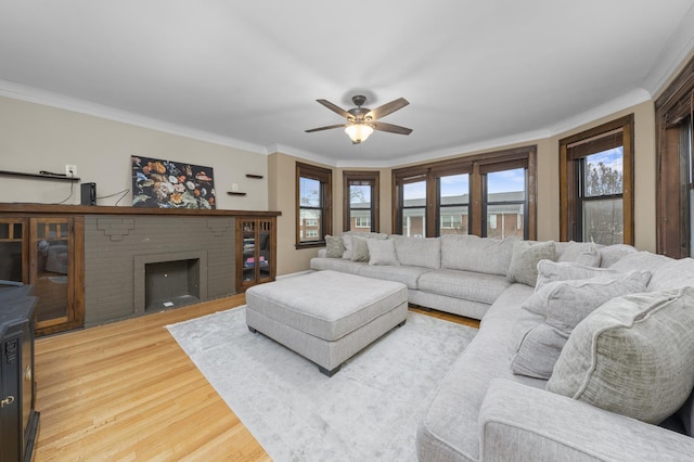 living room with a fireplace, hardwood / wood-style floors, ceiling fan, and crown molding