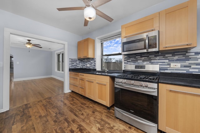 kitchen with appliances with stainless steel finishes, dark hardwood / wood-style floors, and light brown cabinetry