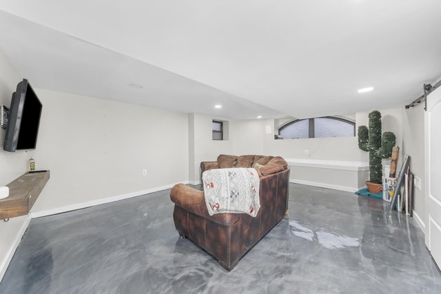 living room featuring a barn door