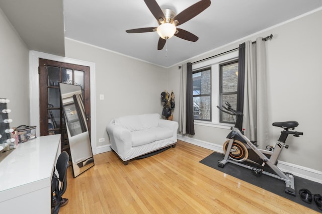 exercise room featuring ceiling fan, light hardwood / wood-style floors, and ornamental molding