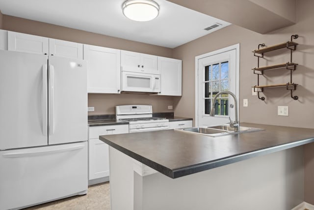 kitchen with kitchen peninsula, white appliances, white cabinetry, and sink