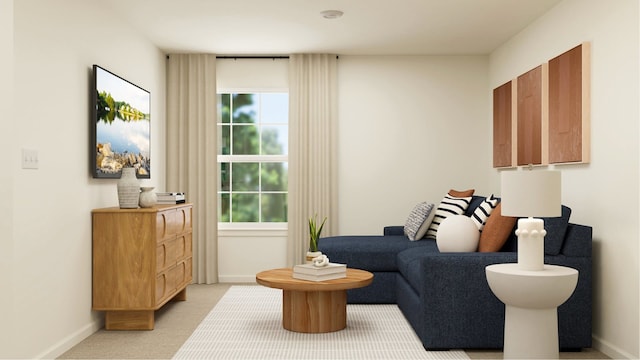 sitting room with light colored carpet