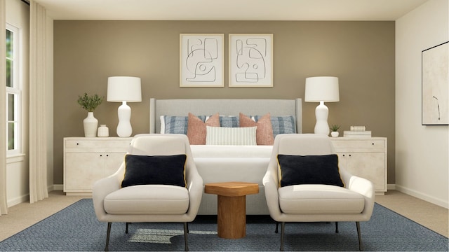 living area featuring light colored carpet