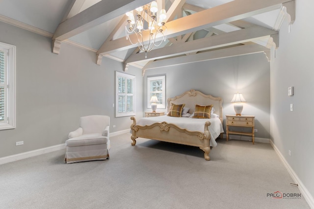 bedroom featuring vaulted ceiling with beams, carpet floors, and a chandelier