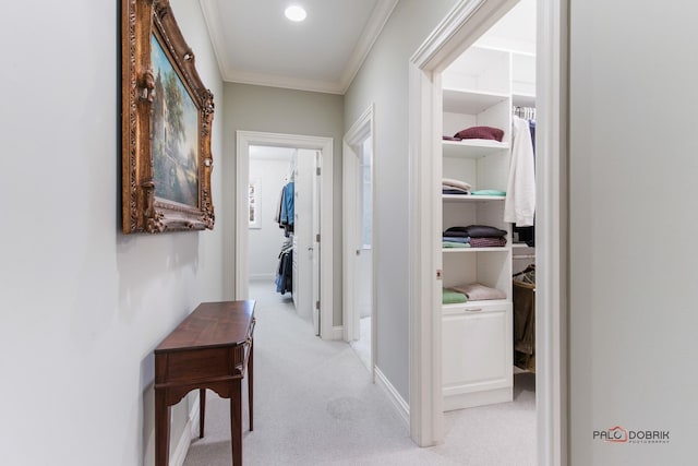 hallway featuring crown molding and light colored carpet