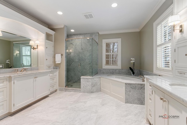 bathroom featuring vanity, crown molding, and plus walk in shower