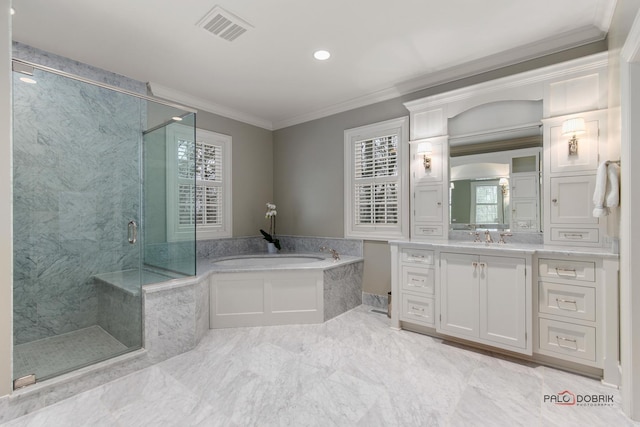 bathroom with vanity, crown molding, and separate shower and tub