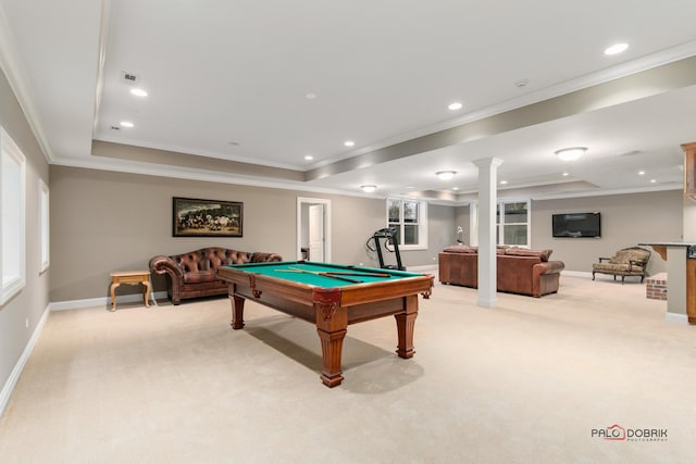 playroom with light colored carpet and a raised ceiling