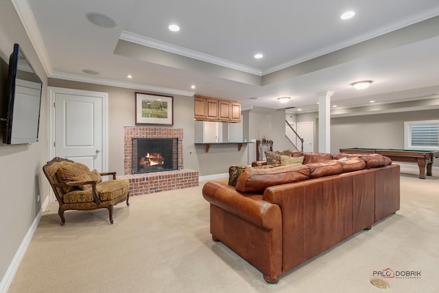 living room featuring crown molding, a tray ceiling, light colored carpet, and billiards