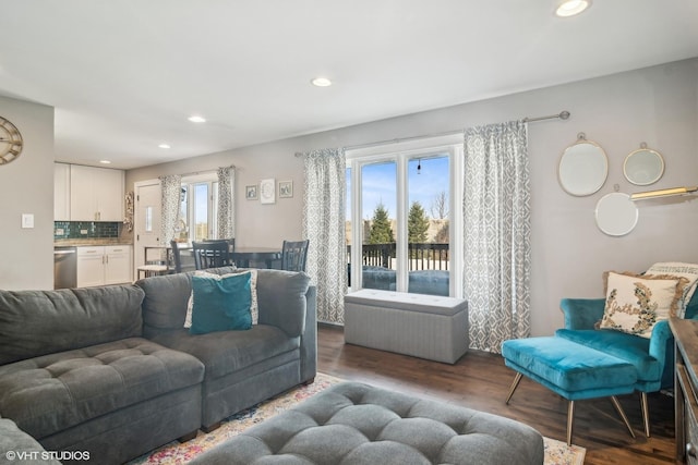 living room with a wealth of natural light and dark hardwood / wood-style floors