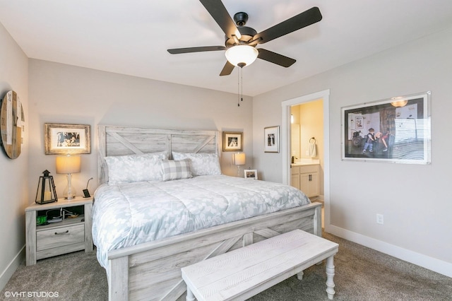 carpeted bedroom featuring connected bathroom and ceiling fan