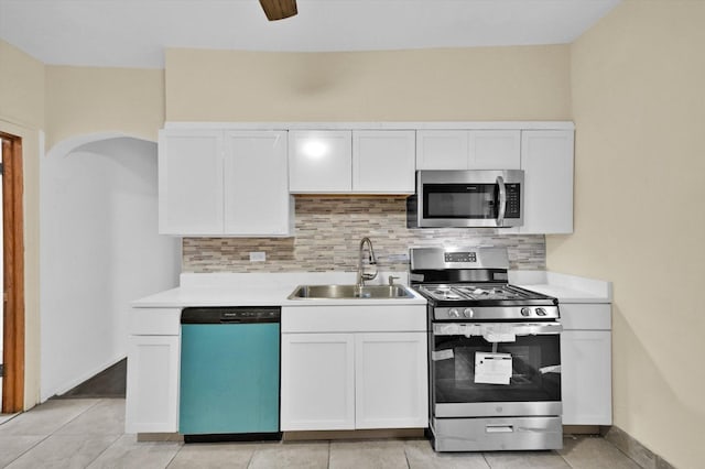 kitchen with white cabinets, decorative backsplash, sink, and stainless steel appliances