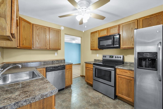 kitchen featuring ceiling fan, sink, and appliances with stainless steel finishes