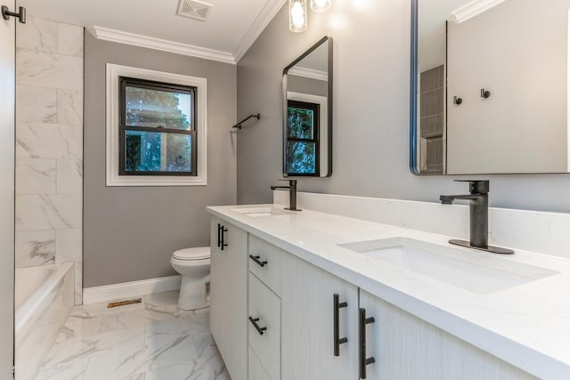 full bathroom with vanity, toilet, tiled shower / bath, and ornamental molding