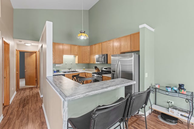 kitchen with kitchen peninsula, appliances with stainless steel finishes, a kitchen bar, decorative light fixtures, and high vaulted ceiling