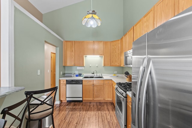 kitchen with light brown cabinetry, stainless steel appliances, high vaulted ceiling, and sink