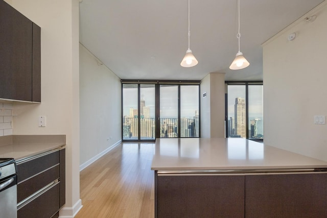 kitchen with light wood-type flooring, pendant lighting, dark brown cabinetry, and expansive windows